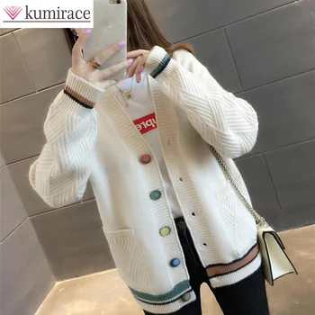 2022 Новый студенческий Корейский свитер с карманами, Женская Свободная куртка с V-образным вырезом и цветными пуговицами, Длинный рукав с вязаным кардиганом, куртка-пиджак