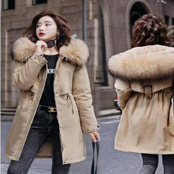 2023 длинная стеганая куртка с большим воротником из искусственной шерсти корейской версии плюс кашемировое теплое зимнее пальто 6XL на талии