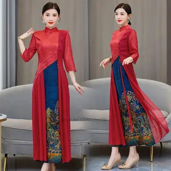 2023 китайское улучшенное платье ципао, кружевное платье с воротником-стойкой, чонсам с цветочным принтом, вечернее платье для вечеринки, платье для народных танцев ципао