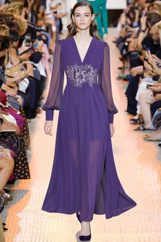 2023 Модное Дизайнерское Весеннее Фиолетовое Длинное Платье Для Женщин С V-образным вырезом и Роскошной бриллиантовой цветочной аппликацией Party Vestidos