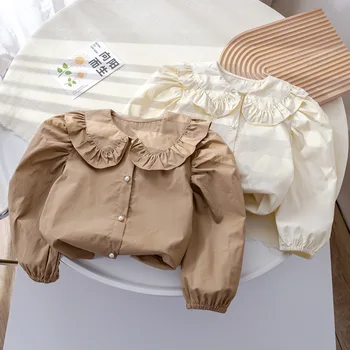 2023 Новая рубашка для маленьких девочек, модная кружевная блузка, однотонная винтажная детская одежда, весенне-осенние детские рубашки для детей 1-6 лет