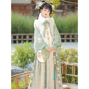 3 цвета, Милый зимний комплект китайского платья Hanfu из династии Мин, Утолщенный Бархатный круглый воротник с кроличьим элементом, улучшенная юбка hanfu из 4 предметов