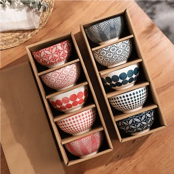 4,5-дюймовая японская керамическая миска, кухонные принадлежности, миска для супа, подарочная коробка с набивным рисунком, набор керамических мисок из 5 предметов для приготовления рамена