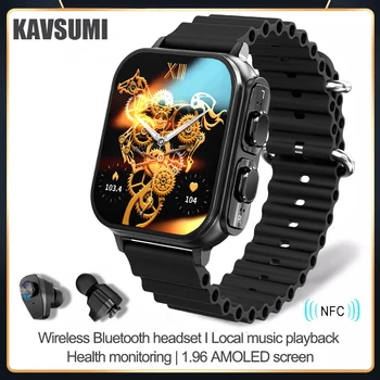 NFC Смарт-часы Мужские 2023 TWS Bluetooth Наушники Часы для звонков Музыка AMOLED Мониторинг здоровья Водонепроницаемые Умные часы Для Android iOS