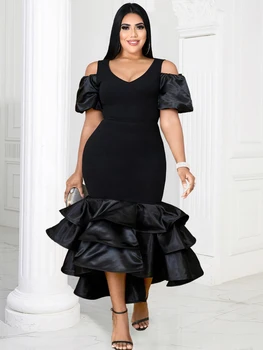 ONTINVA платья черный V шеи выдалбливают короткие слоеного рукав Bodycon день рождения вечерние случаю нерегулярные Русалка костюмы размер 4XL