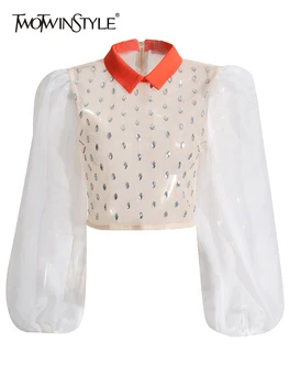 TWOTWINSTYLE, Хитовые рубашки для женщин, рукав-фонарь с лацканами, повседневная блузка в стиле пэчворк с бриллиантами, Весенняя женская модная одежда 2023