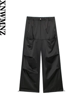 XNWMNZ 2023 Женские Модные атласные брюки-карго с парашютом, Винтажные брюки для бега, Высокая эластичная талия, Женский Шикарный крой ботинка