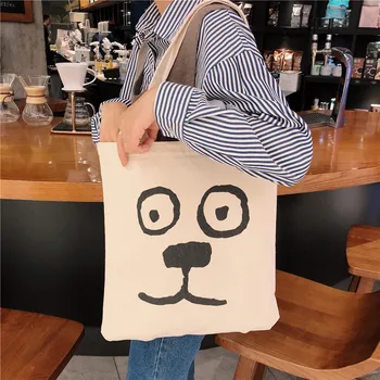 Белая холщовая сумка с мордочкой животного на одно плечо, женские сумки-тоут большой емкости, сумка для покупок, складная хлопчатобумажная сумка