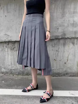 Весенне-летняя юбка в складку средней длины, трапециевидная юбка серого цвета с разрезом, тонкая длинная юбка в складку неправильной формы