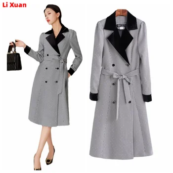 Высококачественная осенняя корейская женская куртка, модный офисный блейзер для отдыха, новинка зимы 2023, клетчатый твидовый длинный тренч, топ