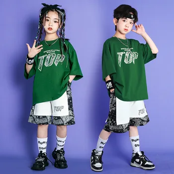 Детский костюм для выступления группы поддержки в стиле хип-хоп, зеленая футболка, топы, белые шорты для девочек, костюмы для джазовых танцев, детская сценическая одежда