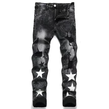 Джинсы EH · MD® с вышивкой звездами, Мужские кожаные, с микроканальной строчкой, Хлопковые, облегающие брюки высокой эластичности, 3D Уличный градиент Art23