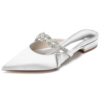 Женская Свадебная обувь, острый носок, атласные стразы для невесты, Удобные белые свадебные туфли с ремешком на щиколотке, выпускной вечер, вечеринка