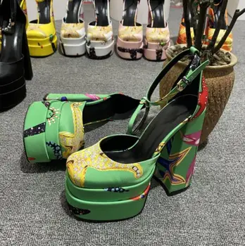 Женские Атласные туфли-лодочки на платформе с ремешком на щиколотке в стиле Ретро, Босоножки с розовым принтом На Массивном квадратном каблуке, Большие Размеры 34-43