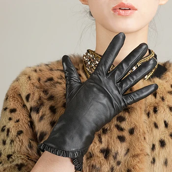 Женские перчатки из натуральной овчины, осень-зима, теплые черные варежки с оборками на весь палец, высокое качество S2146