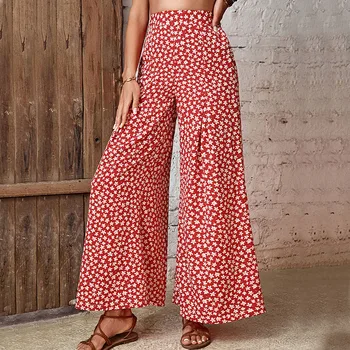 Женские Широкие брюки с элегантной завышенной талией и цветочным принтом, свободные длинные брюки, уличная одежда для повседневной вечеринки