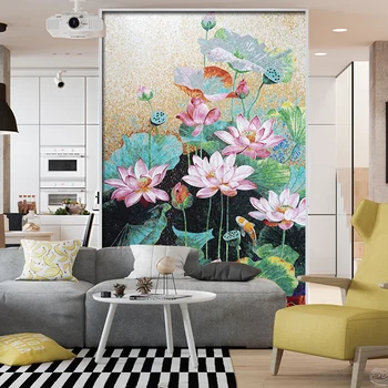 Изготовленный на заказ рисунок листьев художественная стеклянная мозаичная плитка фреска дизайн для реалистичного украшения стен