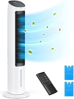 Испарительный Воздухоохладитель, 40-градусный охлаждающий вентилятор с поворотом на 80 °, Увлажнение, Съемный резервуар для воды, Дистанционное управление, 3 скорости,