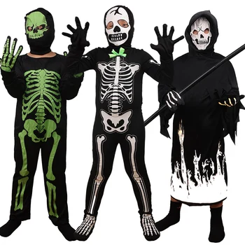 Карнавальные костюмы призраков для мальчиков, комбинезон для косплея с черепом, Светящийся скелет, Дом с привидениями, Детское маскарадное платье