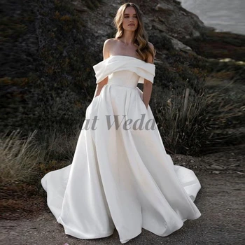 Классическое Свадебное платье 2023 с открытыми плечами, женское Атласное Платье со шлейфом, Летние Свадебные платья Трапециевидной формы с открытой спиной