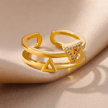 Кольца с двойным треугольником из циркона Для женщин, Позолоченное треугольное геометрическое кольцо из нержавеющей Стали, Корейская модная пара, свадебные украшения