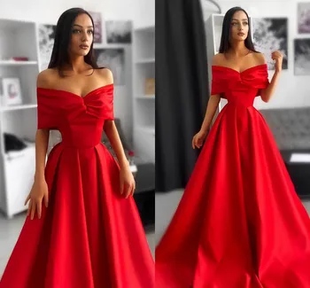 Красное атласное вечернее платье Трапециевидной Формы, Элегантное платье с открытыми плечами для выпускного вечера в Дубае, Мусульманский халат De Soiree, Vestidos