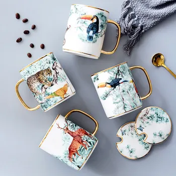 Креативная золотая кружка с животными, британская керамическая чашка, скандинавский послеобеденный чай, молоко, кофе, сок с крышкой, ложка, домашняя посуда для напитков