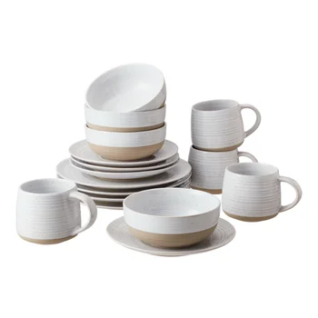 Лучшие дома и сады- Abott Белый Круглый керамический набор из 16 предметов, Набор посуды и тарелок, Набор ложек