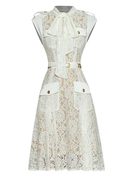 Модное дизайнерское летнее новое женское платье с воротником-бантом, без рукавов, с открытой кружевной уздечкой, Элегантное белое мини-платье