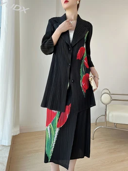 Модный Плиссированный комплект из 2 предметов с цветочным принтом, женское Однобортное пальто с лацканами, юбка Трапециевидной формы, Элегантная Новинка Осени 2023 года