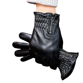 Мужские перчатки из натуральной кожи, модные классические, с короткой боковой молнией, из натуральной овчины, черные, с сенсорным экраном, зимние теплые