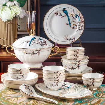 Набор посуды чаша и тарелка оптом керамическая посуда с золотой росписью на 70 голов, бытовая посуда из костяного фарфора, набор чаш и тарелок