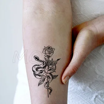Наклейка для татуировки Боди-арт Черно-белый рисунок Маленький элемент Змея Цветок розы Перенос воды Временные поддельные татуировки Флэш-наклейки