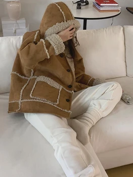 Настоящая цена, Маленький корейский мех в стиле ретро, Одно свободное теплое пальто средней длины с капюшоном с двумя боковыми швами