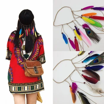 Новая богемная повязка для волос из павлиньих перьев, этническая повязка для волос, индийский дорожный головной убор, веревка для волос