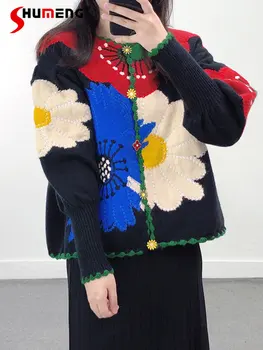 Новый вязаный кардиган контрастного цвета в этническом стиле, женский весенний модный винтажный свитер-пальто с круглым вырезом 2023