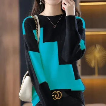 Осенне-зимний черно-белый свитер с контрастными вставками 2022, Корейский новый модный Элегантный повседневный свитер с круглым вырезом для женщин