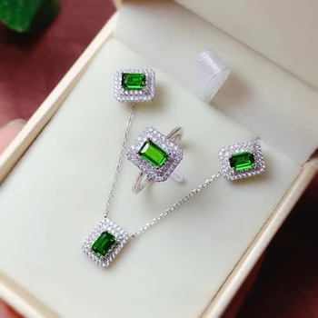 очаровательный прозрачный зеленый цвет, кольцо с диопсидовым драгоценным камнем, серьги и ожерелье, ювелирный набор, изысканный натуральный драгоценный камень, серебро 925 пробы, подарок для вечеринки