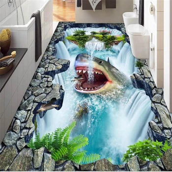 панель beibehang пользовательские 3D полы самоклеящиеся обои Водопад акулы 3D напольная плитка кухня водонепроницаемые обои для ванной