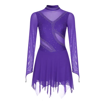 Платья для фигурного катания на коньках для взрослых Женщин, Гимнастическое платье со стразами, Сетчатый балетный танцевальный костюм с длинным рукавом