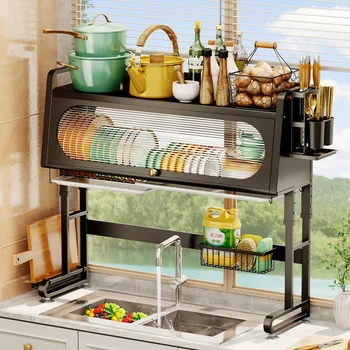 Полка для кухонной раковины, Подставка для слива посуды с дверцей шкафа, Регулируемый пылезащитный органайзер для чаш и тарелок, кухонные принадлежности