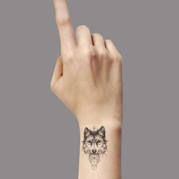 Реалистичная геометрическая линия Головы волка, временные татуировки, наклейка с Черной бородой, Татуировка маленького размера, Боди-арт, Поддельные татуировки на запястье, Женские Мужские