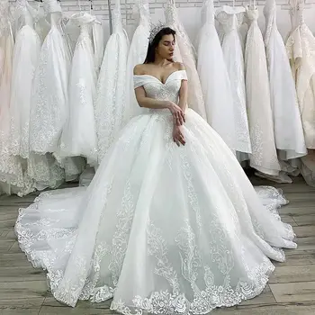 Роскошное Свадебное платье Принцессы с бисером 2022, Белые Кружевные Аппликации, Бальное Платье на Шнуровке, Свадебное Индивидуальное Vestido de Noiva