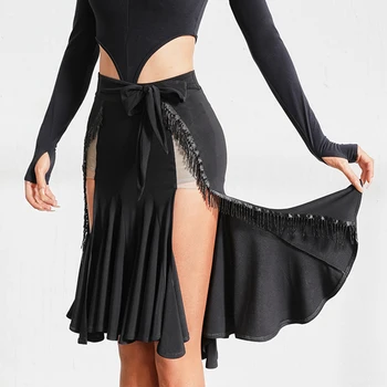 Сексуальная юбка для латиноамериканских танцев с кисточками, женские юбки с бахромой для взрослых, одежда для танцев Сальса Танго, тренировочная черная юбка для латиноамериканских танцев DNV15735