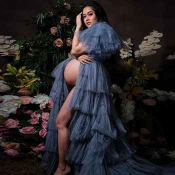 Серо-Голубое Сетчатое платье для беременных, сексуальные открытые спереди оборки, многоуровневые тюлевые платья для беременных, пышные Длинные платья для фотосъемки, сшитые на заказ