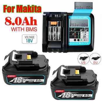 Со Светодиодным Зарядным устройством BL1860 Аккумуляторная Батарея 18 V 8000mAh Литий-ионная для Makita 18v Battery 8Ah BL1840 BL1850 BL1830 BL1860
