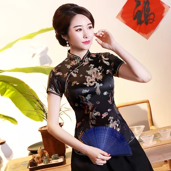 Черная Летняя Женская повседневная рубашка с коротким рукавом В традиционном китайском стиле, топ в стиле Тан, Классическая блузка с воротником-стойкой, Винтажная одежда