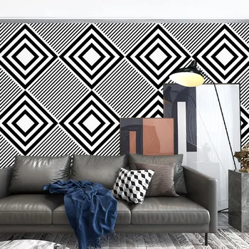 Черно-белые квадратные обои с геометрическим рисунком, простая современная спальня, фоновая стена для гостиной, обои в клетку и полоску