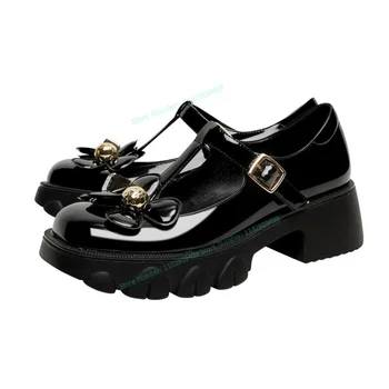 Черные Туфли-лодочки из лакированной кожи с Т-образным ремешком и Цветочным декором, Женская обувь с круглым носком на платформе Mary Jane, 2023, Zapatos Para Mujere