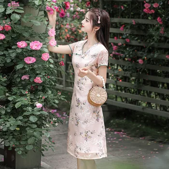 Элегантное Женское платье средней длины Aodai Cheongsam средней длины с V-образным вырезом, Скошенным Отворотом, Короткими рукавами в китайском стиле Ципао 2023, Улучшенное Повседневное Платье в китайском стиле для женщин